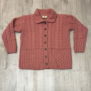 Pink Carraig Donn Irish Cable Knit wool cardigan | small | Ireland